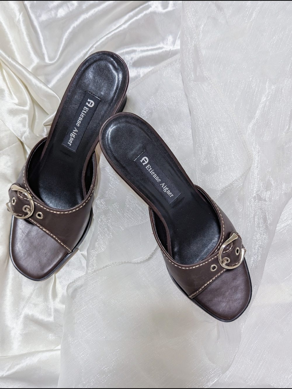 Etienne Aigner Brown Leather Buckle Mule Heels - Picture 2 of 5